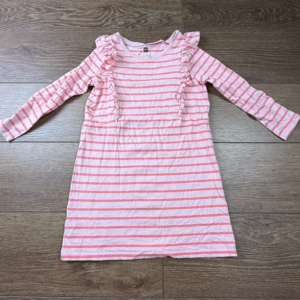Tea Collection Girls Pink Striped Lightweight Long Sleeve Dress Size 8, Ruffle